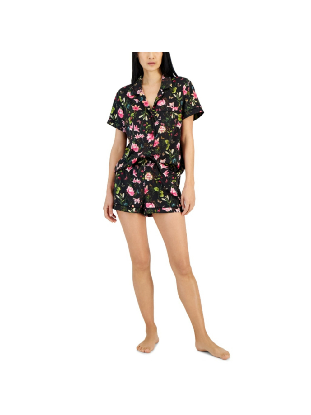 INC International Concepts Size XS Black Floral 2-Pc. Satin Pajama Set NWT